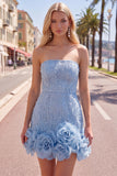 Sparkly Blue Beaded Strapless Short Tight Homecoming Dress with 3D Flowers