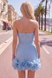 Sparkly Blue Beaded Strapless Short Tight Homecoming Dress with 3D Flowers