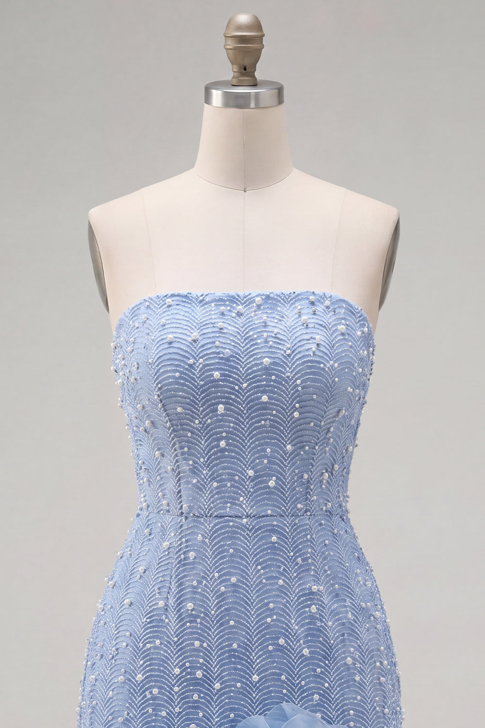 Sparkly Blue Beaded Strapless Short Tight Homecoming Dress with 3D Flowers