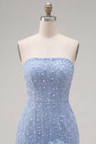 Sparkly Blue Beaded Strapless Short Tight Homecoming Dress with 3D Flowers