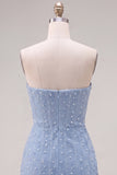Sparkly Blue Beaded Strapless Short Tight Homecoming Dress with 3D Flowers