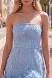 Sparkly Blue Beaded Strapless Short Tight Homecoming Dress with 3D Flowers