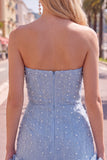 Sparkly Blue Beaded Strapless Short Tight Homecoming Dress with 3D Flowers
