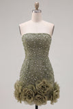 Sparkly Blue Beaded Strapless Short Tight Homecoming Dress with 3D Flowers