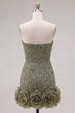 Sparkly Blue Beaded Strapless Short Tight Homecoming Dress with 3D Flowers