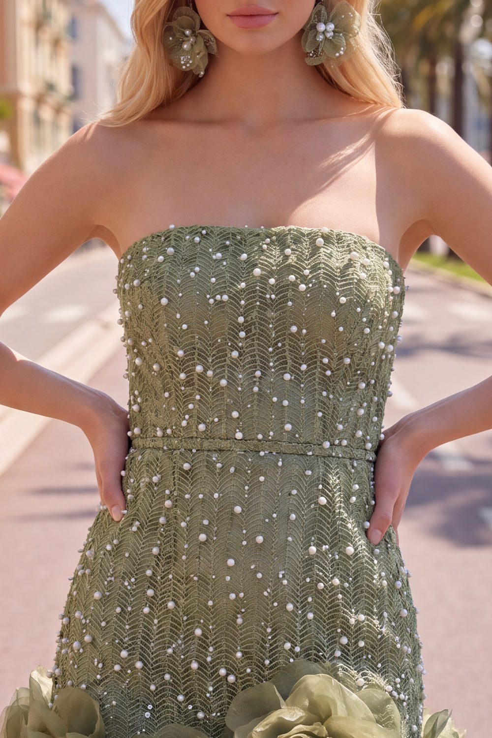 Sparkly Blue Beaded Strapless Short Tight Homecoming Dress with 3D Flowers