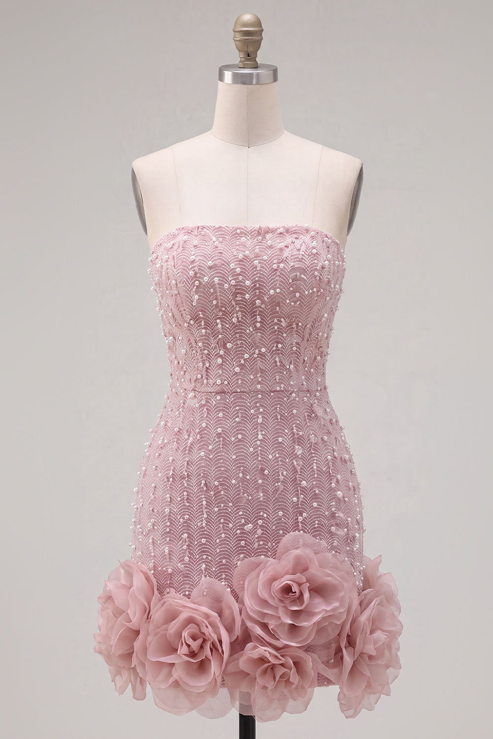 Sparkly Blue Beaded Strapless Short Tight Homecoming Dress with 3D Flowers