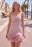 Sparkly Blue Beaded Strapless Short Tight Homecoming Dress with 3D Flowers