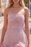 Sparkly Blue Beaded Strapless Short Tight Homecoming Dress with 3D Flowers