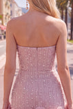 Sparkly Blue Beaded Strapless Short Tight Homecoming Dress with 3D Flowers