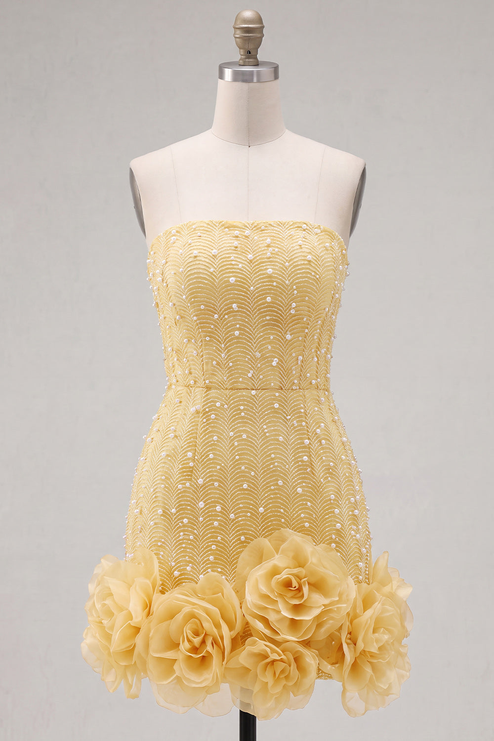 Sparkly Blue Beaded Strapless Short Tight Homecoming Dress with 3D Flowers