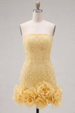 Sparkly Blue Beaded Strapless Short Tight Homecoming Dress with 3D Flowers