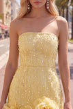 Sparkly Blue Beaded Strapless Short Tight Homecoming Dress with 3D Flowers