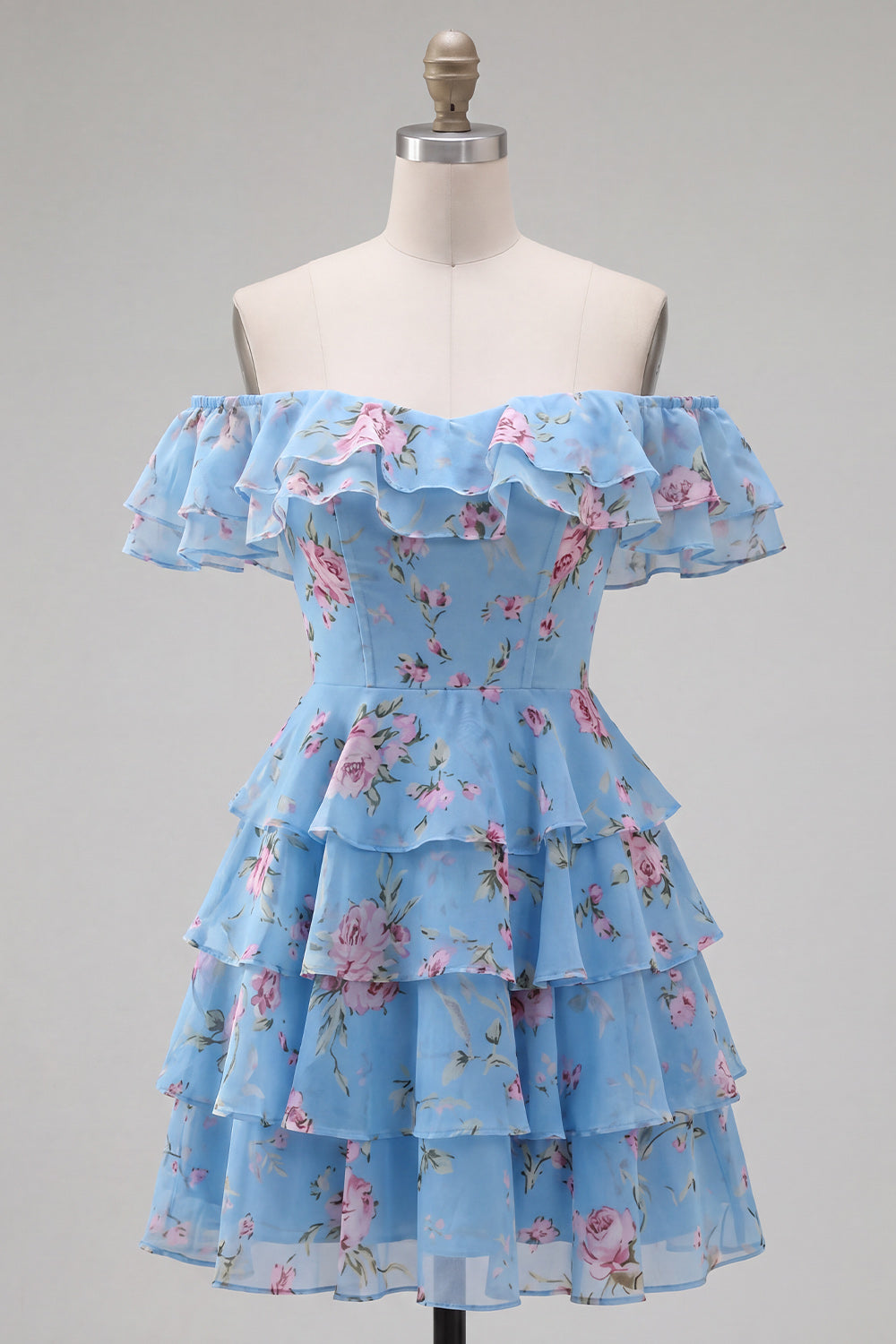 Blue Floral A-Line Tiered Ruffled Short Corset Homecoming Dress