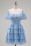 Blue Floral A-Line Tiered Ruffled Short Corset Homecoming Dress