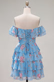 Blue Floral A-Line Tiered Ruffled Short Corset Homecoming Dress