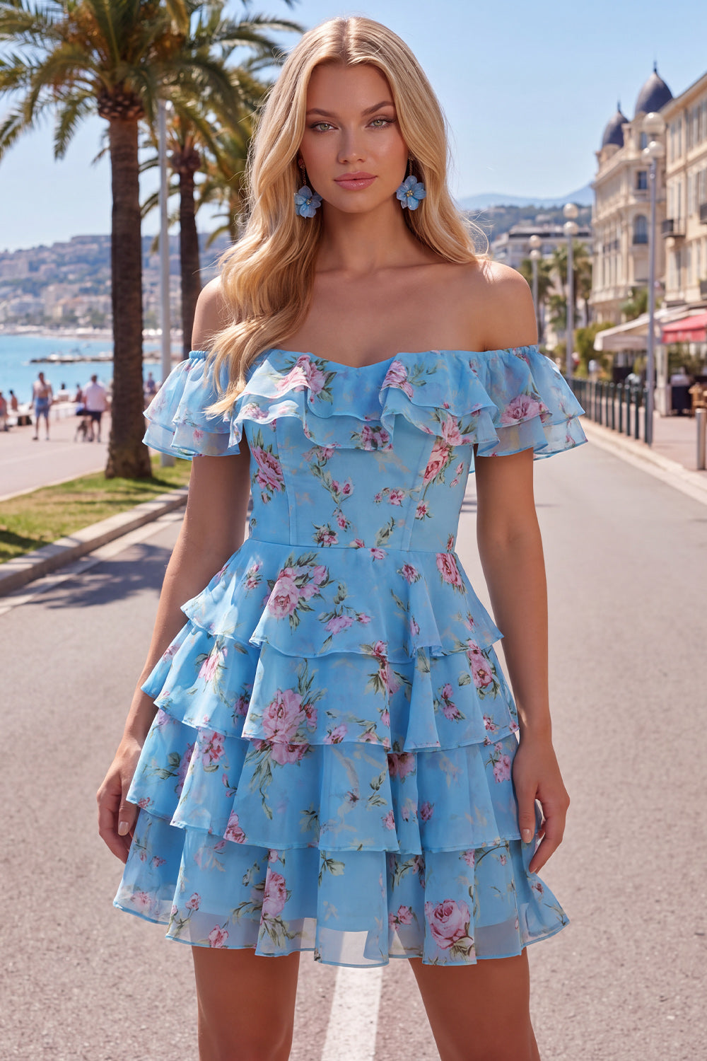 Blue Floral A-Line Tiered Ruffled Short Corset Homecoming Dress