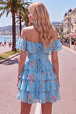 Blue Floral A-Line Tiered Ruffled Short Corset Homecoming Dress