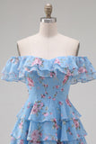 Blue Floral A-Line Tiered Ruffled Short Corset Homecoming Dress