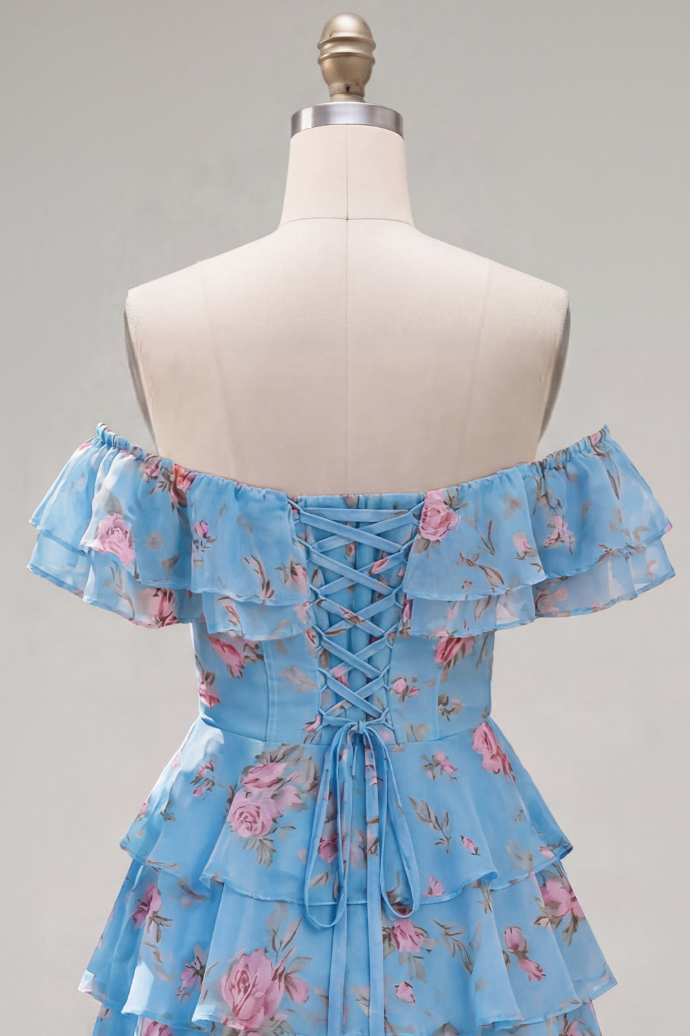 Blue Floral A-Line Tiered Ruffled Short Corset Homecoming Dress