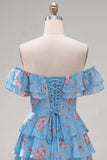 Blue Floral A-Line Tiered Ruffled Short Corset Homecoming Dress