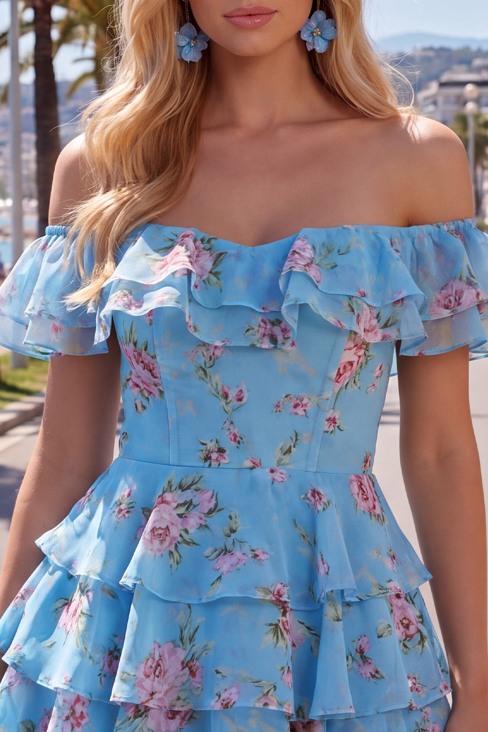 Blue Floral A-Line Tiered Ruffled Short Corset Homecoming Dress