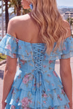 Blue Floral A-Line Tiered Ruffled Short Corset Homecoming Dress