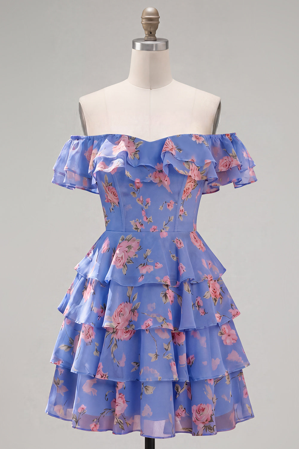Blue Floral A-Line Tiered Ruffled Short Corset Homecoming Dress