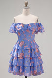Blue Floral A-Line Tiered Ruffled Short Corset Homecoming Dress