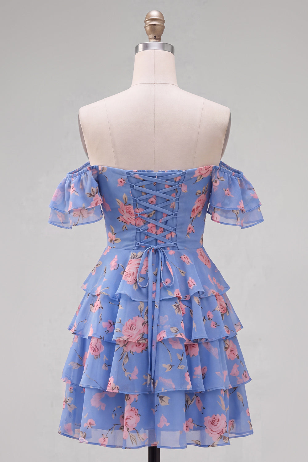 Blue Floral A-Line Tiered Ruffled Short Corset Homecoming Dress