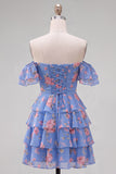 Blue Floral A-Line Tiered Ruffled Short Corset Homecoming Dress