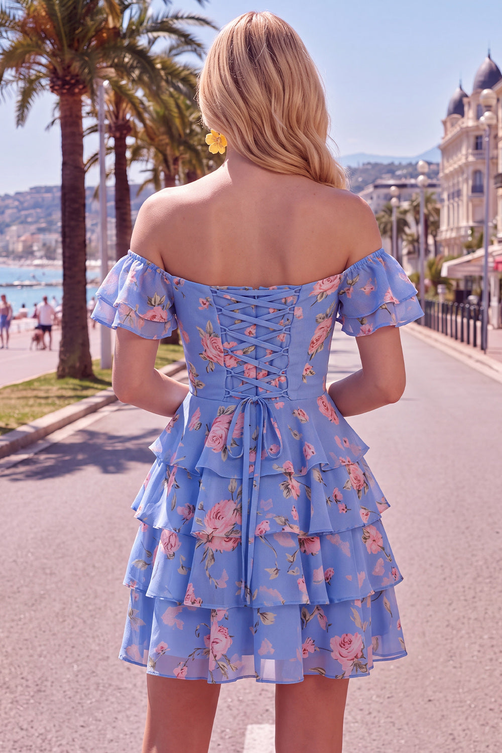 Blue Floral A-Line Tiered Ruffled Short Corset Homecoming Dress