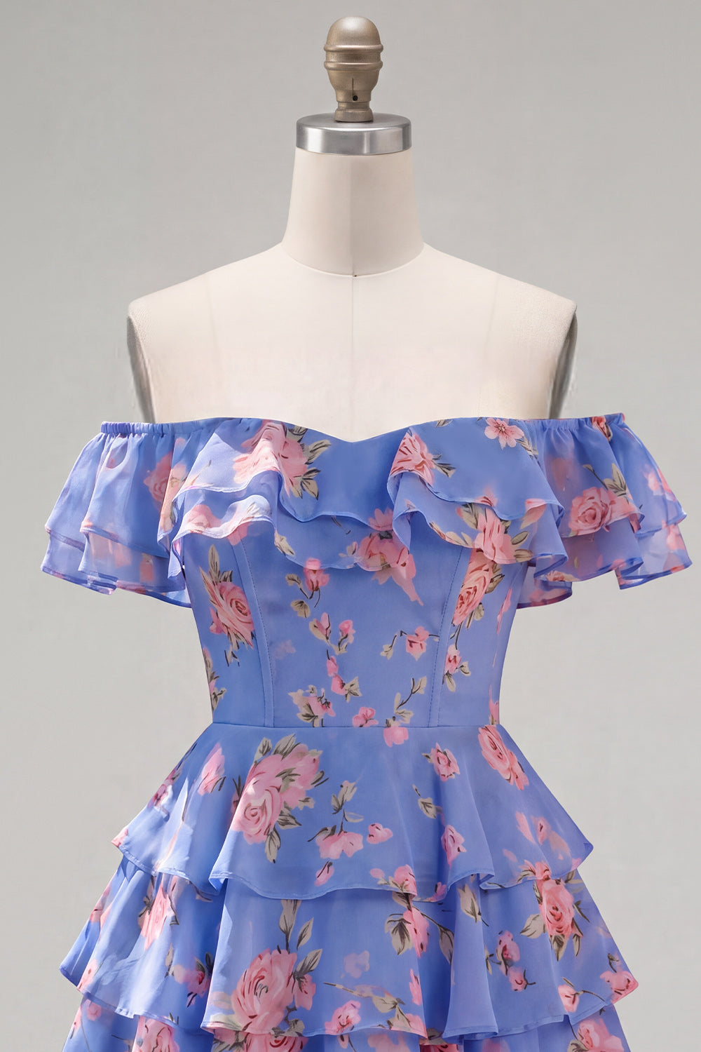 Blue Floral A-Line Tiered Ruffled Short Corset Homecoming Dress