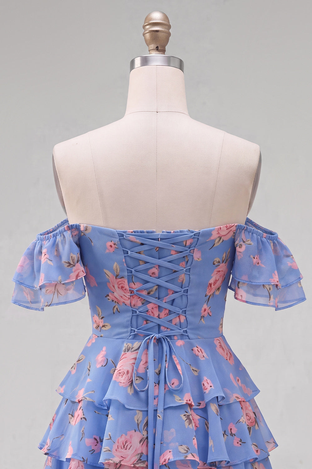 Blue Floral A-Line Tiered Ruffled Short Corset Homecoming Dress