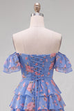 Blue Floral A-Line Tiered Ruffled Short Corset Homecoming Dress