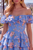 Blue Floral A-Line Tiered Ruffled Short Corset Homecoming Dress