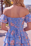 Blue Floral A-Line Tiered Ruffled Short Corset Homecoming Dress