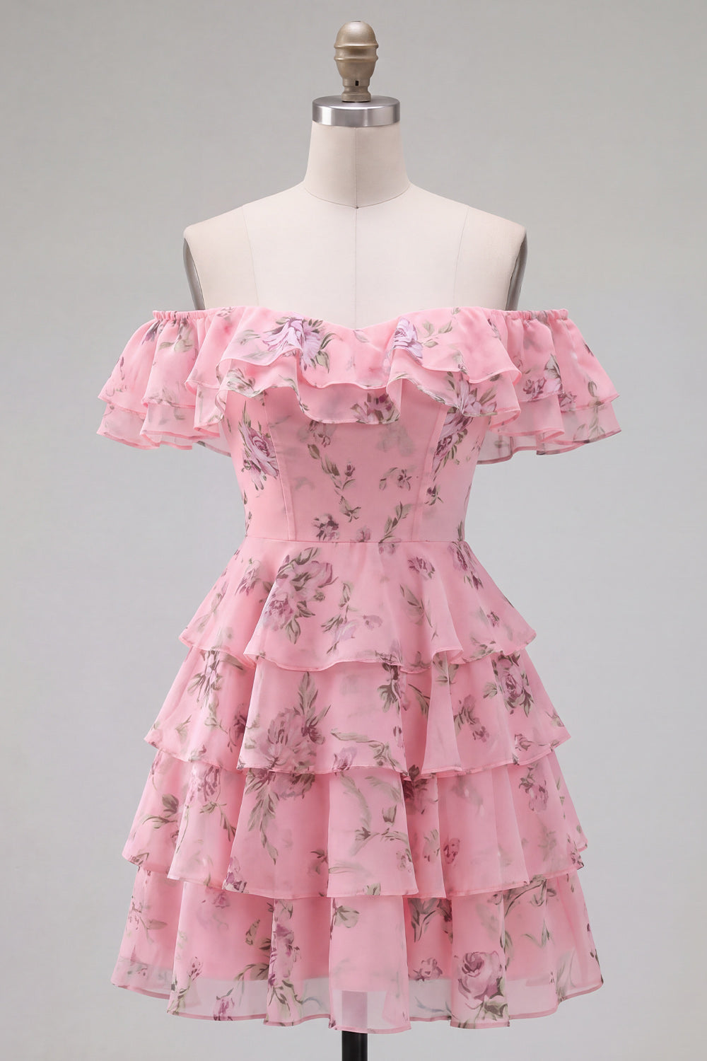 Blue Floral A-Line Tiered Ruffled Short Corset Homecoming Dress