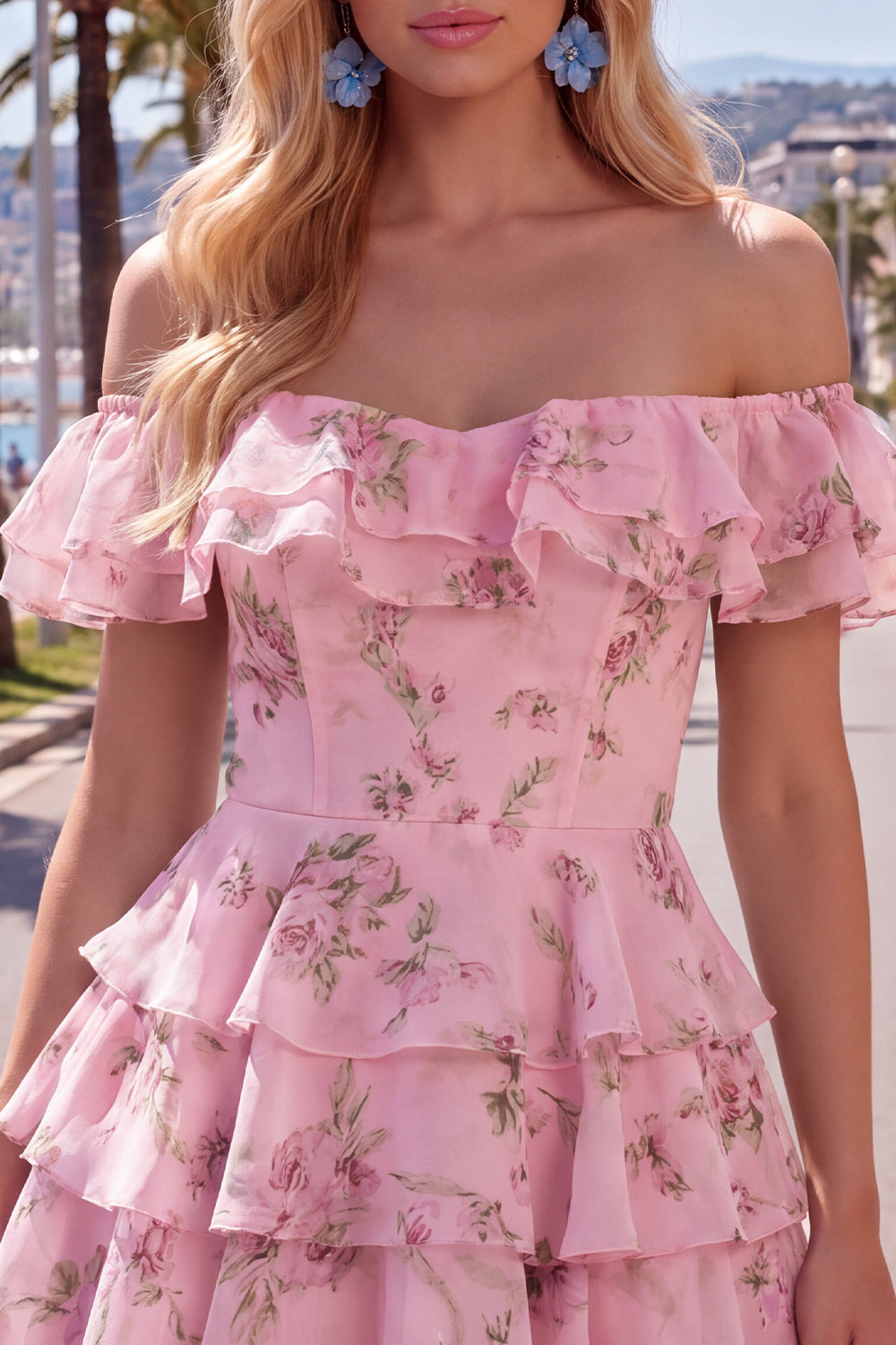 Blue Floral A-Line Tiered Ruffled Short Corset Homecoming Dress