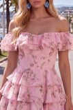 Blue Floral A-Line Tiered Ruffled Short Corset Homecoming Dress