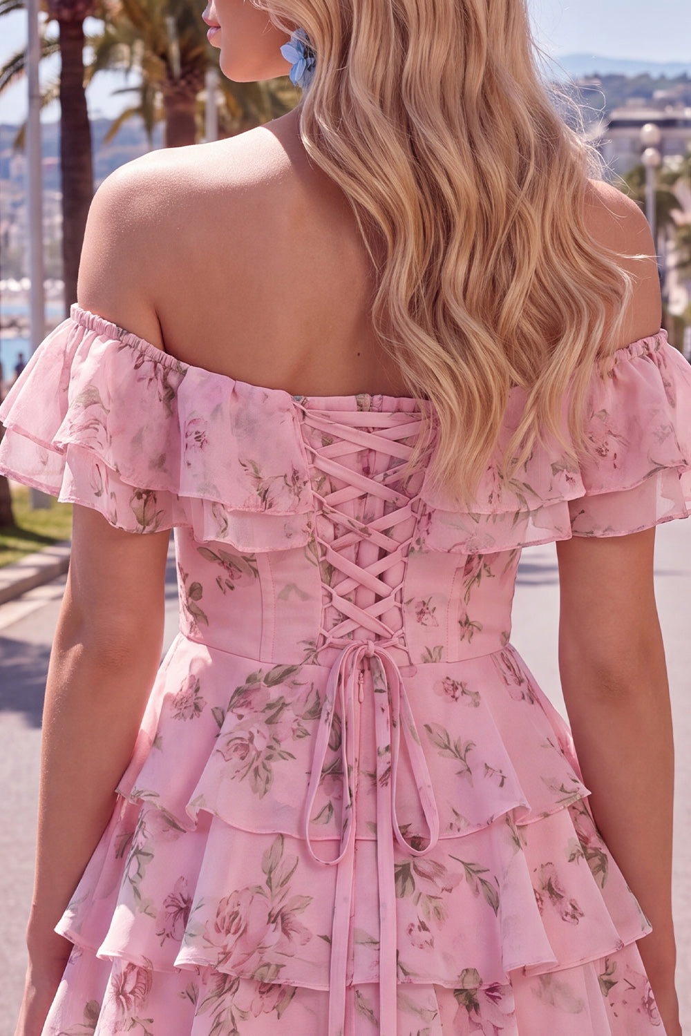 Blue Floral A-Line Tiered Ruffled Short Corset Homecoming Dress