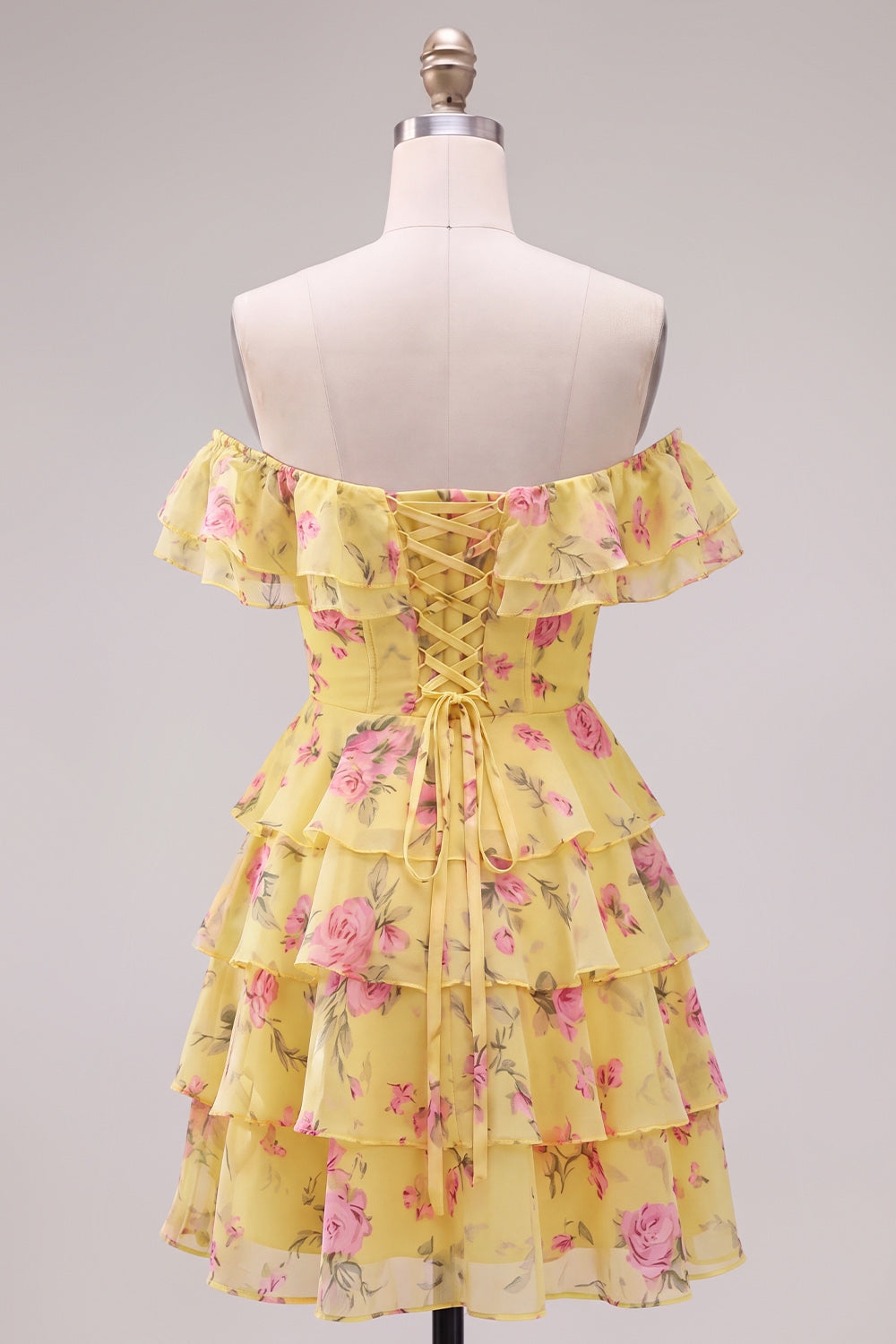 Blue Floral A-Line Tiered Ruffled Short Corset Homecoming Dress