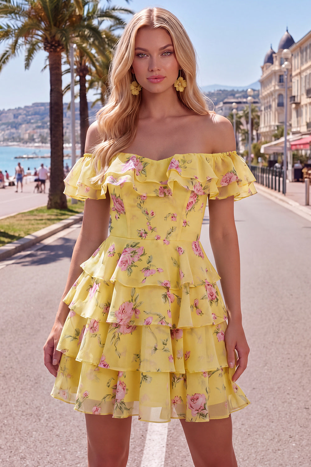 Blue Floral A-Line Tiered Ruffled Short Corset Homecoming Dress