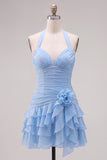 Blue Halter Ruched Ruffled Short Homecoming Dress with 3D Flower