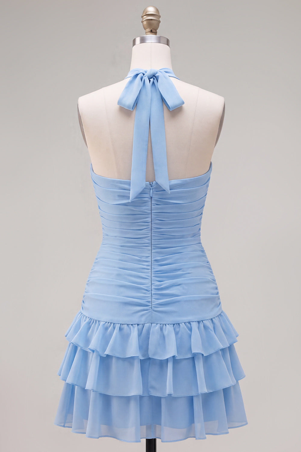 Blue Halter Ruched Ruffled Short Homecoming Dress with 3D Flower