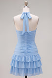 Blue Halter Ruched Ruffled Short Homecoming Dress with 3D Flower