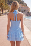 Blue Halter Ruched Ruffled Short Homecoming Dress with 3D Flower