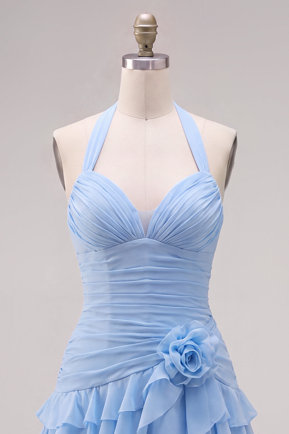 Blue Halter Ruched Ruffled Short Homecoming Dress with 3D Flower