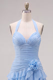 Blue Halter Ruched Ruffled Short Homecoming Dress with 3D Flower