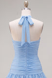 Blue Halter Ruched Ruffled Short Homecoming Dress with 3D Flower